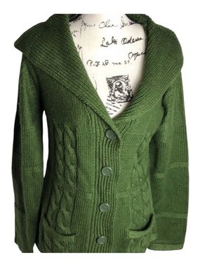 Women’s Green Chunky Knit Cardigan Sweater Cable Knit Button Front Size L